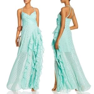 🔥Aqua Gold and Green Metallic Print Ruffled Gown